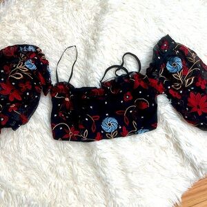 NWT Black Sheer Mesh Embroidered Puff Sleeve Crop Top